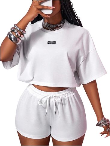 Floerns Women's 2 Piece Camo Outfits Y2K Half Sleeve Crop Tops with Drawstring Shorts Matching Set in Saudi Arabia