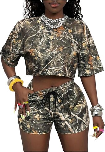 Floerns Women's 2 Piece Camo Outfits Y2K Half Sleeve Crop Tops with Drawstring Shorts Matching Set in Saudi Arabia