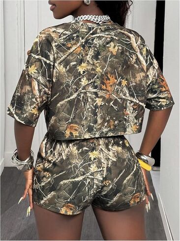 Floerns Women's 2 Piece Camo Outfits Y2K Half Sleeve Crop Tops with Drawstring Shorts Matching Set in Saudi Arabia
