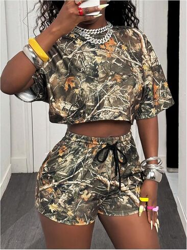 Floerns Women's 2 Piece Camo Outfits Y2K Half Sleeve Crop Tops with Drawstring Shorts Matching Set in Saudi Arabia