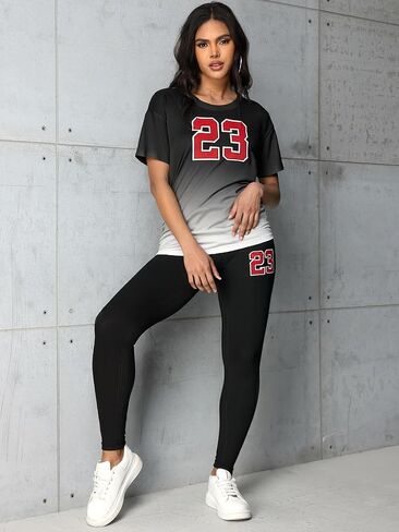 Women's 2 Piece Outfits 23 Graphic T Shirt Short Sleeve Top and Skinny Leggings Set Gym Matching in Saudi Arabia