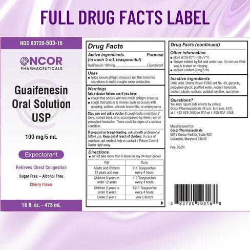 Oncor Guaifenesin 100 mg/5 mL Expectorant Cough Syrup, 16 fl oz | Chest Congestion Relief | Sugar Free & Alcohol Free in Saudi Arabia