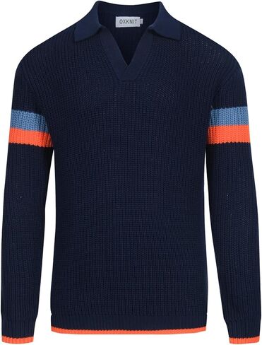 OXKNIT Men’s Knit Long Sleeve Polo Shirts 1960s Retro Stripes Dark Blue V-Neck Pullover Sweater in Saudi Arabia