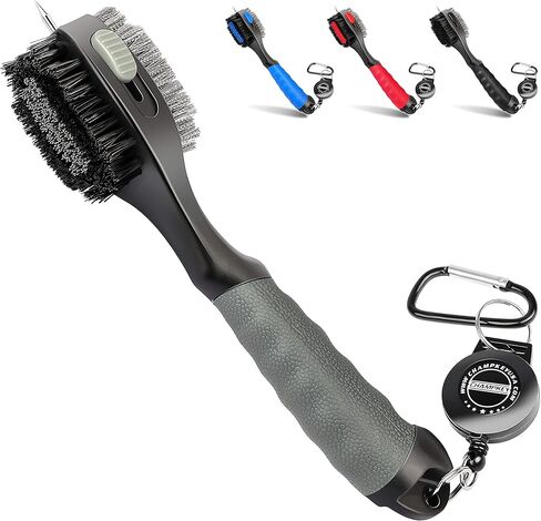 فرشاة نادي الجولف القابلة للسحب من CHAMPKEY PRO | رأس فرشاة كبير الحجم مع قبضة يد مطاطية ناعمة وفرشاة جولف قابلة للسحب لتنظيف الأخدود (قطعتان باللون الأسود) in Kuwait