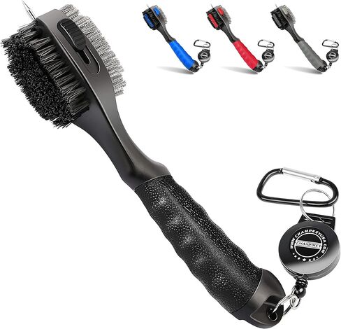 فرشاة نادي الجولف القابلة للسحب من CHAMPKEY PRO | رأس فرشاة كبير الحجم مع قبضة يد مطاطية ناعمة وفرشاة جولف قابلة للسحب لتنظيف الأخدود (قطعتان باللون الأسود) in Kuwait