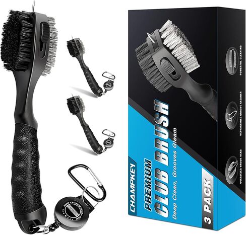 فرشاة نادي الجولف القابلة للسحب من CHAMPKEY PRO | رأس فرشاة كبير الحجم مع قبضة يد مطاطية ناعمة وفرشاة جولف قابلة للسحب لتنظيف الأخدود (قطعتان باللون الأسود) in Kuwait