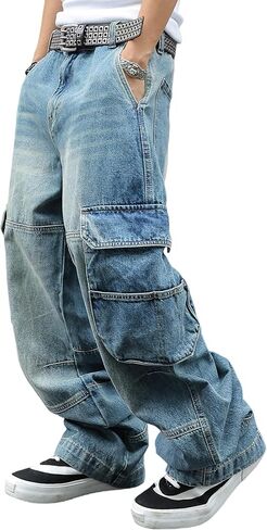 Men's Y2K Hip Hop Baggy Cargo Jeans Loose Fit Wide Leg Denim Pants Casual Streetwear Trousers in Saudi Arabia