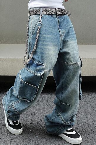 Men's Y2K Hip Hop Baggy Cargo Jeans Loose Fit Wide Leg Denim Pants Casual Streetwear Trousers in Saudi Arabia