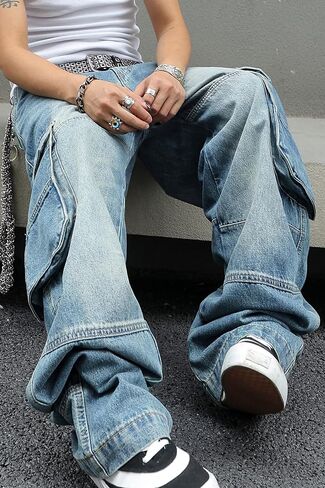 Men's Y2K Hip Hop Baggy Cargo Jeans Loose Fit Wide Leg Denim Pants Casual Streetwear Trousers in Saudi Arabia