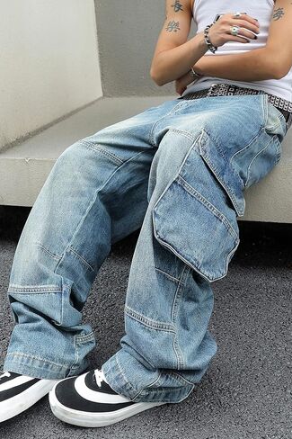Men's Y2K Hip Hop Baggy Cargo Jeans Loose Fit Wide Leg Denim Pants Casual Streetwear Trousers in Saudi Arabia