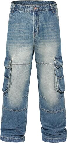 Men's Y2K Hip Hop Baggy Cargo Jeans Loose Fit Wide Leg Denim Pants Casual Streetwear Trousers in Saudi Arabia