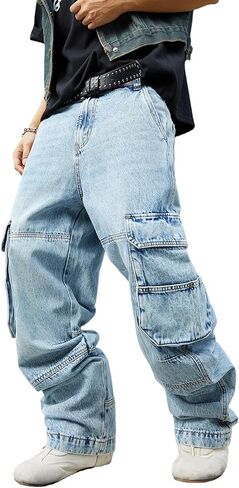 Men's Y2K Hip Hop Baggy Cargo Jeans Loose Fit Wide Leg Denim Pants Casual Streetwear Trousers in Saudi Arabia