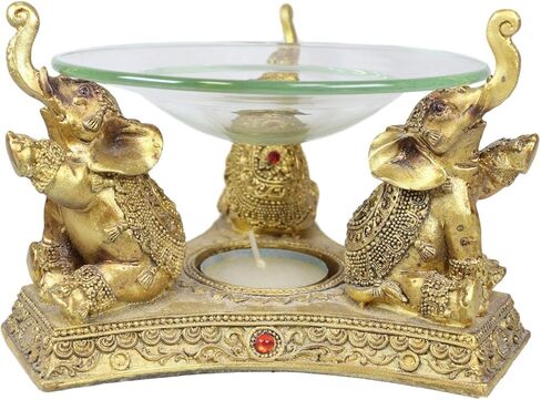 Ebros Feng Shui Trio Golden Tooled Thai البوذية الفيلة البوق ضوء الشاي شمعة النفط دفئا تمثال الشمع تورتة الموقد رائحة الناشر الراتنج بوذا الفيل تحت عنوان تمثال الزخرفية in Kuwait