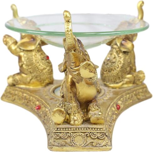 Ebros Feng Shui Trio Golden Tooled Thai البوذية الفيلة البوق ضوء الشاي شمعة النفط دفئا تمثال الشمع تورتة الموقد رائحة الناشر الراتنج بوذا الفيل تحت عنوان تمثال الزخرفية in Kuwait