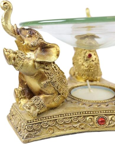 Ebros Feng Shui Trio Golden Tooled Thai البوذية الفيلة البوق ضوء الشاي شمعة النفط دفئا تمثال الشمع تورتة الموقد رائحة الناشر الراتنج بوذا الفيل تحت عنوان تمثال الزخرفية in Kuwait