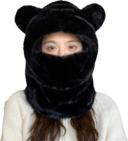 Bear Ski Cap for Women Fuzzy Faux Fur Cute Animal Balaclava Hat with Face Mask Thick Warm Hooded Cold Weather Hat Outdoor in Saudi Arabia
