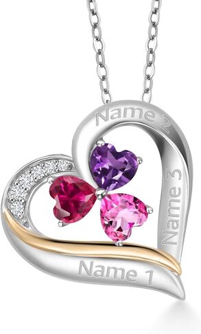 Customized Personalized Engraved 3-Stone Heart Pendant Necklace For Women | 925 Sterling Silver and 10k Yellow Gold | Gemstone Birthstone and White Lab Grown Diamond | 5MM Heart Shape | With 18 Inch in Saudi Arabia