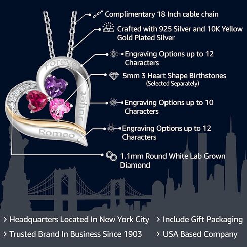 Customized Personalized Engraved 3-Stone Heart Pendant Necklace For Women | 925 Sterling Silver and 10k Yellow Gold | Gemstone Birthstone and White Lab Grown Diamond | 5MM Heart Shape | With 18 Inch in Saudi Arabia