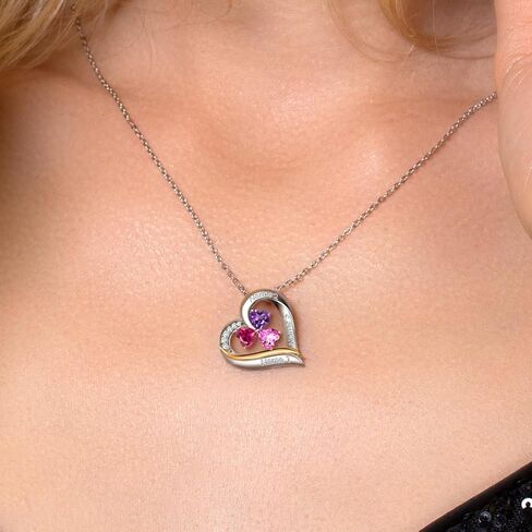 Customized Personalized Engraved 3-Stone Heart Pendant Necklace For Women | 925 Sterling Silver and 10k Yellow Gold | Gemstone Birthstone and White Lab Grown Diamond | 5MM Heart Shape | With 18 Inch in Saudi Arabia
