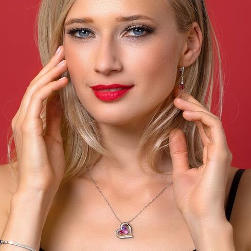 Customized Personalized Engraved 3-Stone Heart Pendant Necklace For Women | 925 Sterling Silver and 10k Yellow Gold | Gemstone Birthstone and White Lab Grown Diamond | 5MM Heart Shape | With 18 Inch in Saudi Arabia