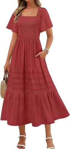 MEROKEETY Women's 2025 Summer Flowy Midi Maxi Dress Short Sleeve Square Neck Smocked Tiered Ruffle Boho Dresses with Pockets in Kuwait