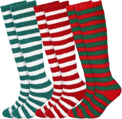 3 Pairs Christmas Fuzzy Knee High Striped Socks 3 Style Novelty Colorful Striped Socks Christmas Gifts for Women Girls Costume in Saudi Arabia