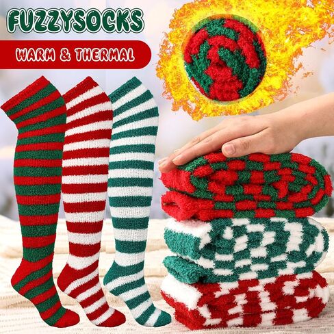3 Pairs Christmas Fuzzy Knee High Striped Socks 3 Style Novelty Colorful Striped Socks Christmas Gifts for Women Girls Costume in Saudi Arabia