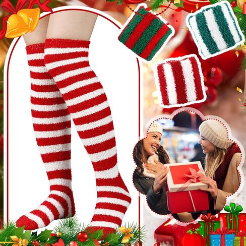 3 Pairs Christmas Fuzzy Knee High Striped Socks 3 Style Novelty Colorful Striped Socks Christmas Gifts for Women Girls Costume in Saudi Arabia