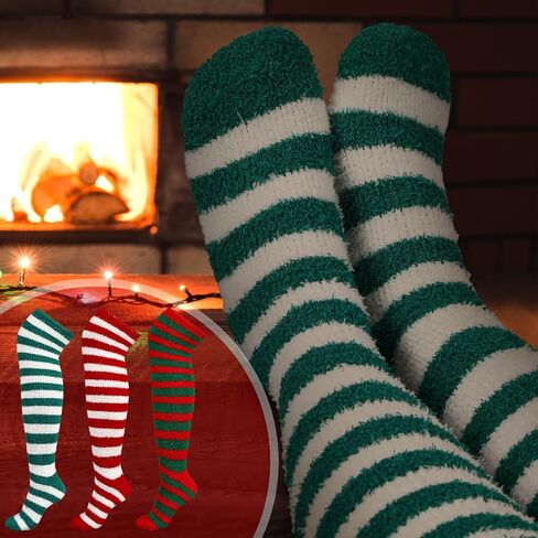 3 Pairs Christmas Fuzzy Knee High Striped Socks 3 Style Novelty Colorful Striped Socks Christmas Gifts for Women Girls Costume in Saudi Arabia