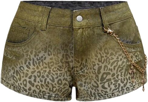 WDIRARA Women's Leopard Denim Mini Shorts Low Rise Chain Y2k Jean Shorts in Saudi Arabia