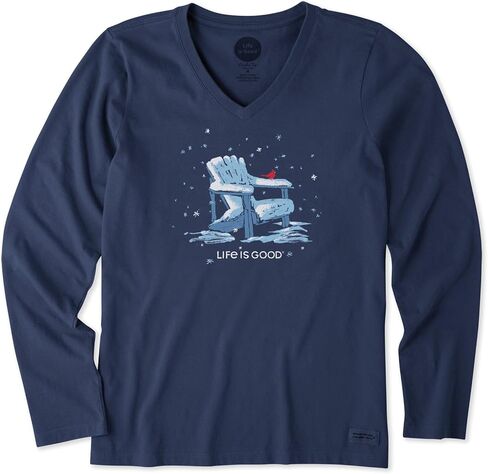 Life is Good. Women's Snowy Adirondack Cardinal Long Sleeve Crusher Vee, Darkest Blue in Saudi Arabia