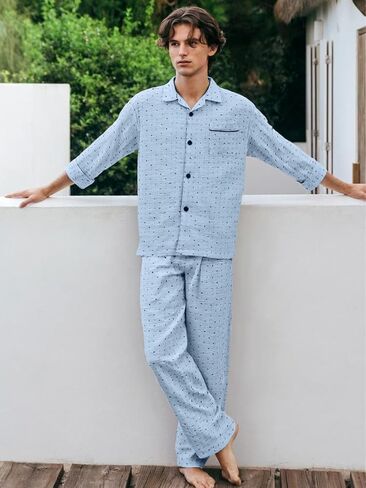 Men’s 2-Piece Pajama Set Long Sleeve Button-Down Top with Chest Pockets and Pants Comfortable Cotton Blend Lounge Nightwear in Saudi Arabia