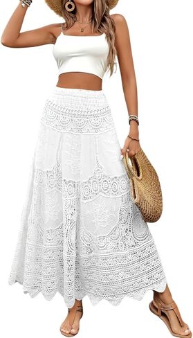 تنورة Chouyatou النسائية المحبوكة المطرزة بالزهور والدانتيل والكروشيه ذات الخصر المرن تنورة طويلة طويلة in Kuwait