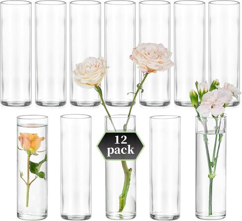 Small Cylinder Glass Vases for Centerpieces: Glasseam Clear Vase Set of 12 Modern Centerpiece Vases for Table Wedding Home Party Decor 5.9In Bud Vase for Flowers Single Stem Roses Tulips in Kuwait