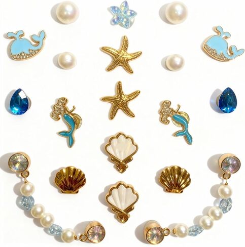 TIAMECH 19 Pcs Bling Gems Plastic Marine Whale Sea Starfish Shell Charms, Blue Sparkling Rhinestones Pearl Chain DIY Shoe Decoration Charm for Women's Party Favor in Saudi Arabia