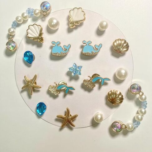 TIAMECH 19 Pcs Bling Gems Plastic Marine Whale Sea Starfish Shell Charms, Blue Sparkling Rhinestones Pearl Chain DIY Shoe Decoration Charm for Women's Party Favor in Saudi Arabia
