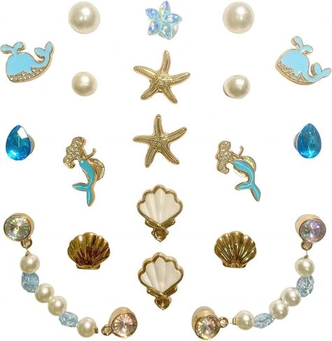 TIAMECH 19 Pcs Bling Gems Plastic Marine Whale Sea Starfish Shell Charms, Blue Sparkling Rhinestones Pearl Chain DIY Shoe Decoration Charm for Women's Party Favor in Saudi Arabia