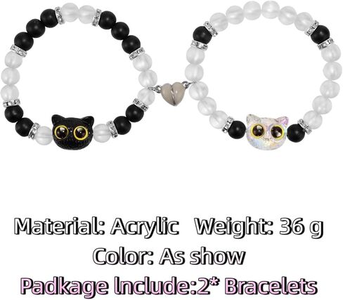 2PCS القط مطابقة الأساور، الاكريليك الكرتون القط Noctilucent القلب مطابقة زوجين أساور الصداقة، حبة أبيض وأسود مرونة مطابقة لطيف الحيوان Y2K نمط هدية مجوهرات الملحقات in Kuwait
