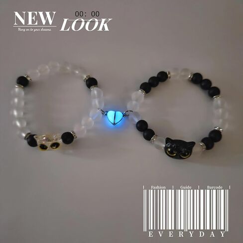 2PCS القط مطابقة الأساور، الاكريليك الكرتون القط Noctilucent القلب مطابقة زوجين أساور الصداقة، حبة أبيض وأسود مرونة مطابقة لطيف الحيوان Y2K نمط هدية مجوهرات الملحقات in Kuwait
