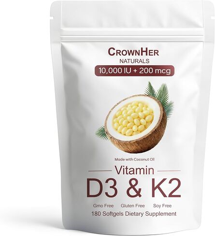 CrownHer Naturals D3 K2, Crown Her Naturals D3 K2 Vitamin 10000 IU+ K2 200 mcg MK-7, Coconut Oil, Extra Strength, Bone & Immune Support, 180 Softgels in Saudi Arabia