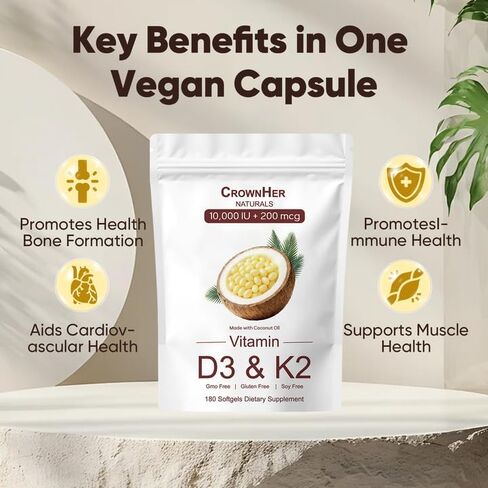 CrownHer Naturals D3 K2, Crown Her Naturals D3 K2 Vitamin 10000 IU+ K2 200 mcg MK-7, Coconut Oil, Extra Strength, Bone & Immune Support, 180 Softgels in Saudi Arabia