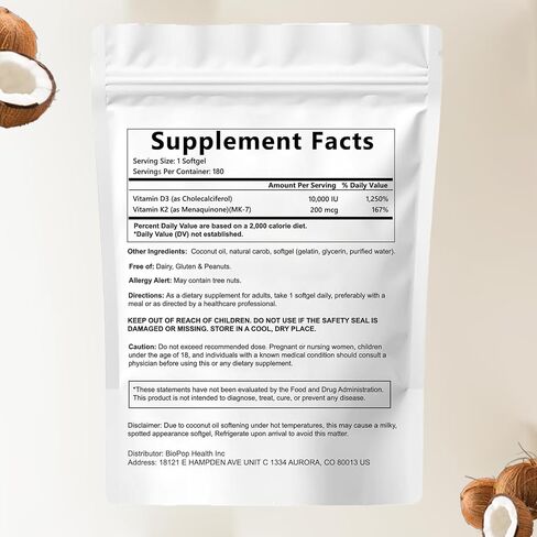 CrownHer Naturals D3 K2, Crown Her Naturals D3 K2 Vitamin 10000 IU+ K2 200 mcg MK-7, Coconut Oil, Extra Strength, Bone & Immune Support, 180 Softgels in Saudi Arabia