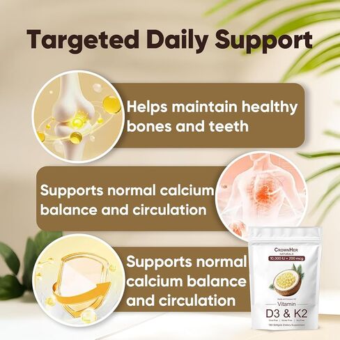 CrownHer Naturals D3 K2, Crown Her Naturals D3 K2 Vitamin 10000 IU+ K2 200 mcg MK-7, Coconut Oil, Extra Strength, Bone & Immune Support, 180 Softgels in Saudi Arabia