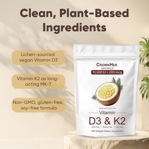 CrownHer Naturals D3 K2, Crown Her Naturals D3 K2 Vitamin 10000 IU+ K2 200 mcg MK-7, Coconut Oil, Extra Strength, Bone & Immune Support, 180 Softgels in Saudi Arabia