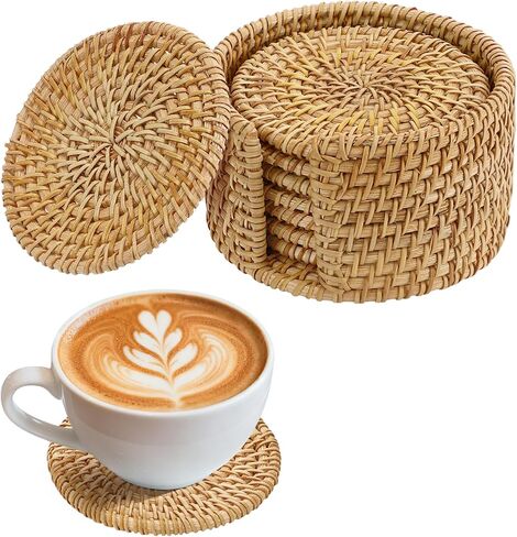 6pcs Handmade Rattan Coasters with Holder, Natural Wicker Boho Coasters Set, Heat-resistant Drink Coasters for Coffee Table Housewarming Gifts Hot Drinking Home Decor Protecting Table in Kuwait
