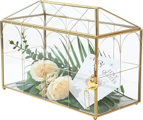 Glass Card Box with Slot, Large Gold Clear Card Box for Wedding Receptions - Home Birthdays Party Geometric Decorative, 12.59" x 5.9" x 9.05" in Saudi Arabia