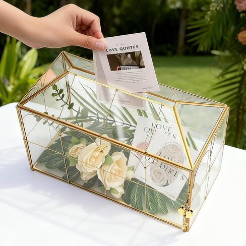 Glass Card Box with Slot, Large Gold Clear Card Box for Wedding Receptions - Home Birthdays Party Geometric Decorative, 12.59" x 5.9" x 9.05" in Saudi Arabia