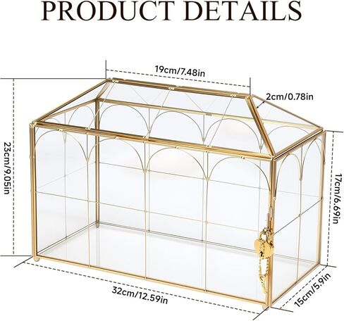 Glass Card Box with Slot, Large Gold Clear Card Box for Wedding Receptions - Home Birthdays Party Geometric Decorative, 12.59" x 5.9" x 9.05" in Saudi Arabia