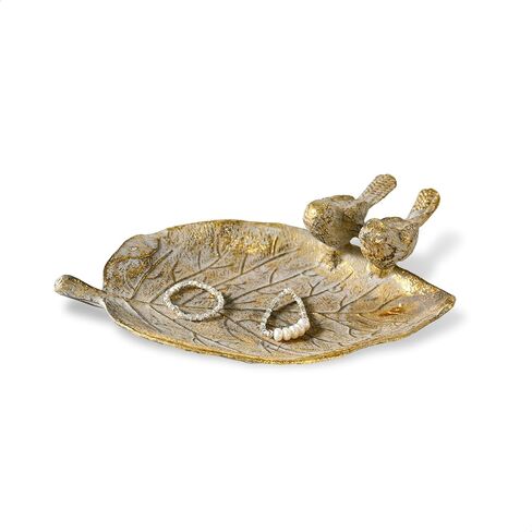 5 Inch Small Golden Metal Trinket Dish with Birds, White Wash Gold Leaf Jewelry Tray for Rings Earrings Necklace, Decorative Soap Dish, Vanity Organizer, Key Bowl in Saudi Arabia
