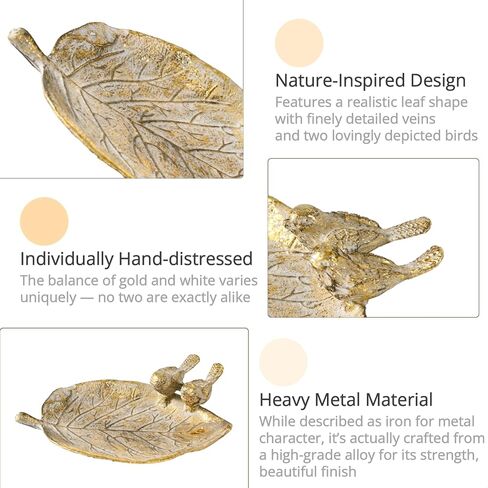 5 Inch Small Golden Metal Trinket Dish with Birds, White Wash Gold Leaf Jewelry Tray for Rings Earrings Necklace, Decorative Soap Dish, Vanity Organizer, Key Bowl in Saudi Arabia